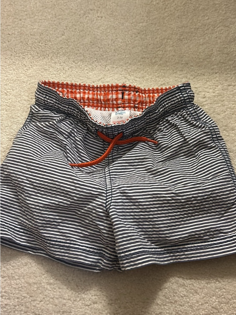 Mini Boden Striped Navy & White Kids Swim Shorts with Orange Drawstring
